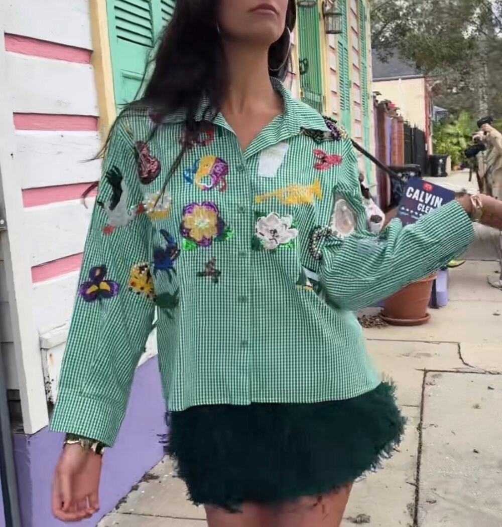 Queen of Sparkles Mardi Gras Sequin Button Down Checkered Shirt Green Size XS